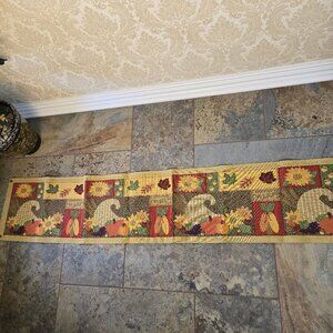 Happy Harvest Tapestry Style Table Runner Leaves Sunflowers Corn Pumpkins